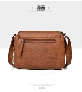 Back view of brown faux leather shoulder bag featuring a smooth horizontal zipper pocket