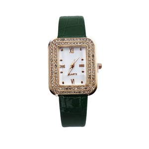 Elegant square women's quartz watch with green leather strap and diamond-encrusted bezel