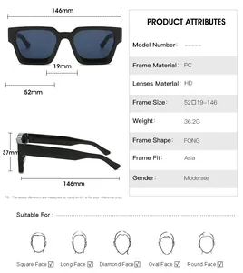 Size chart showing detailed dimensions and PC frame specifications for square sunglasses