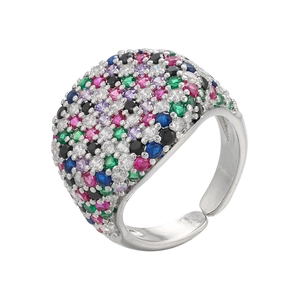 Detailed close-up of wide multi-color pavé crystal band ring with adjustable silver open shank
