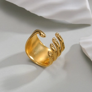 18k gold plated stainless steel open ring featuring a unique hand-shaped wrap design