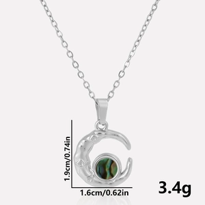 Detailed size chart of crescent moon necklace with shell inlay measuring 1.9cm by 1.6cm