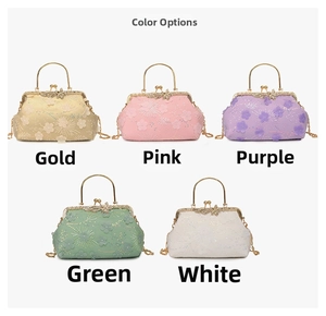 Detailed color options of sequined shell bag in gold, pink, purple, green and white