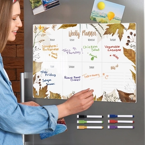 Close-up of clear acrylic weekly planner on fridge with colorful markers and autumn leaves