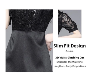 Close-up of black dress featuring intricate lace embroidery and heavy beadwork detail