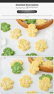 Detailed macro view of gingerbread man cookie cutters and finished embossed cookies