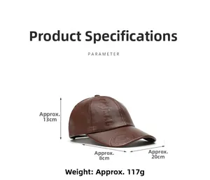 Detailed size parameters of the brown PU leather baseball cap showing height and width