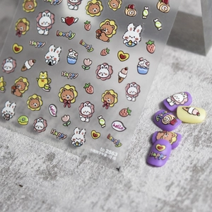 5D Relief Nail Art Stickers Cute Cartoon Bear Rabbit Pattern 3D Embossed Self Adhesive Resin Manicure Decoration For Girls
