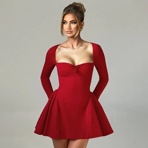 Elegant red long sleeve bodycon mini dress with square neck and bow detail for women