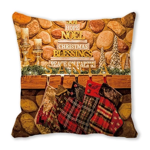 Detailed fabric texture of Christmas pillowcase with holiday typography and festive motifs