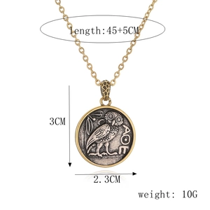 Detailed size chart for punk owl pendant necklace showing 45+5cm chain length and weight