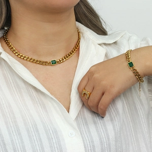 18K gold plated Cuban link jewelry set with green zircon pendant and horseshoe ring