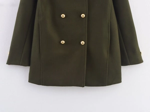 Detail of dark green wool coat showing double-breasted closure and gold metal buttons