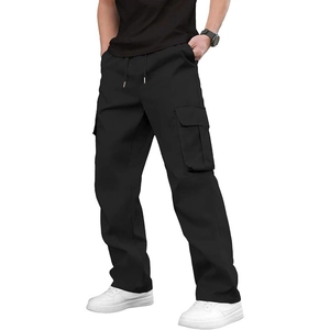Men's black multi-pocket cargo pants with drawstring waist and loose straight fit design