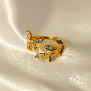 Retro leaf open ring with iridescent enamel shell inlay on a gold metal branch