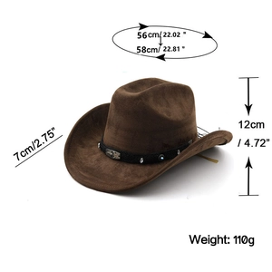 Dimensions détaillées du chapeau de cowboy en daim marron avec ruban décoratif turquoise