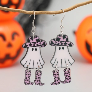 Halloween Ghost Earrings With Stainless Steel Earring Post Acrylic Pink Cow Print Cowboy Hat Boots Novelty Jewelry