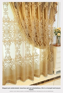 Detail of luxury champagne gold European embroidery on double-layer sheer and solid curtain