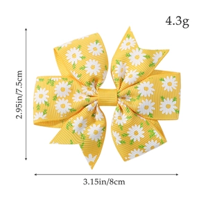 Yellow daisy print ribbon hair bow clip for kids, 3-inch handmade floral hair accessory