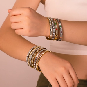 18K gold plated stainless steel bangles set with enamel hearts and crystal stones