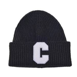 Winter black ribbed knit beanie featuring a white plush letter C patch in retro style