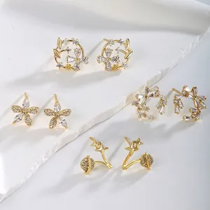 Copper Stud Earrings Floral Planet Design Zirconia Inlay Sparkly Elegant Sweet Jewelry For Women