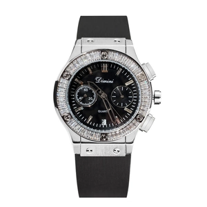 Luxury Dimini quartz watch with silver diamond bezel, black dial and silicone strap