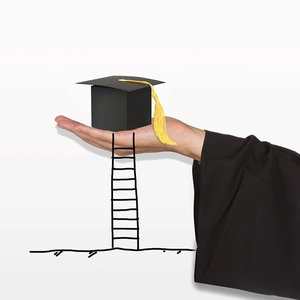Detail of a black graduation cap box with yellow tassel held in hand against creative lines