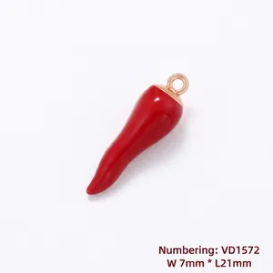 Red enamel chili pepper pendant with rose gold ring, size 7mm by 21mm on white background