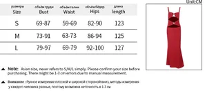 Detailed size chart for the sexy cutout fishtail maxi dress with S, M, and L measurements