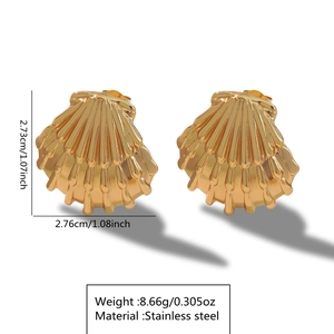 Detailed view of gold shell earrings in stainless steel with textured radial stripes