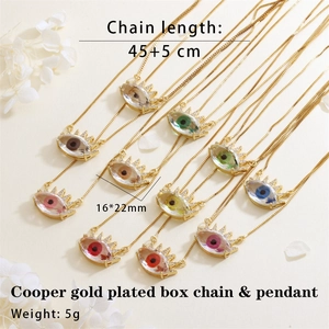 Detailed specs of gold-plated evil eye necklaces with colorful zircon stones and dimensions