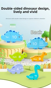 Close-up of double-sided dinosaur wooden blocks showing numbers and English word puzzles