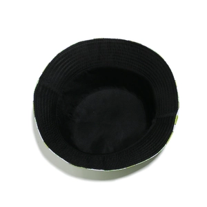 Detail view of cotton bucket hat inner lining and summer patterned brim stitching