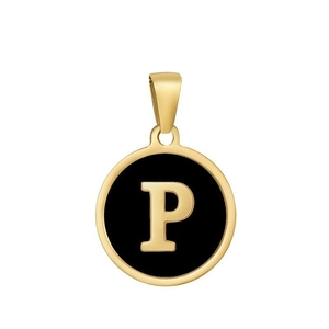 Detailed macro view of a round black and gold enamel pendant with the letter P