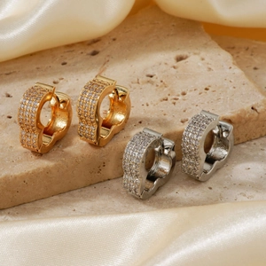 Chic gold and silver plated hoop earrings with micro-pave zircons on stone base