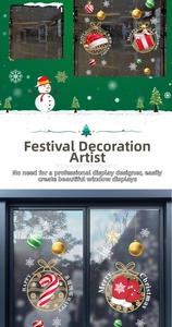 Close-up of festive Christmas window stickers with red hats and gold balls for glass decor