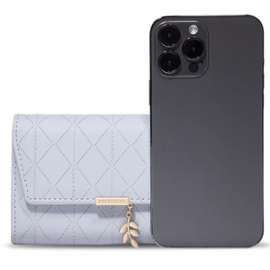 Quilted light blue long wallet with leaf pendant and smartphone for size reference