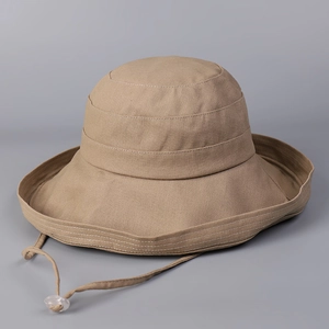 Detailed close-up of khaki sun hat featuring parallel stitching and adjustable windproof cord