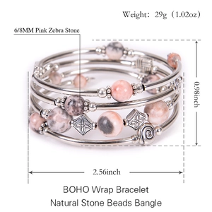Bohemian multi-layer wrap bracelet featuring pink zebra stones and silver alloy accents