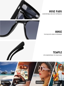 Detailed view of square sunglasses with reinforced hinges and ergonomic temple design