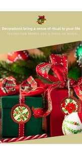 Detailed view of round Christmas hanging ornaments with floral patterns and silver strings