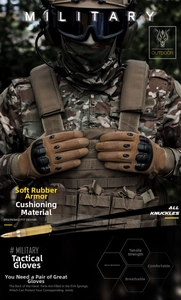 Detail of brown tactical gloves showing soft rubber armor and breathable ventilation holes