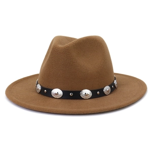 Detail showing the brown wool fedora hat with a black leather belt and silver metal buckles