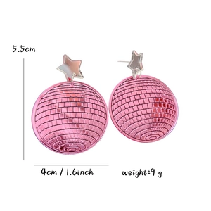 Pink mirror disco ball earrings with silver star studs and 5.5cm dangling drop length