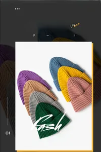 Flat lay of rib-knit beanies in seven autumn colors including purple, grey, and khaki