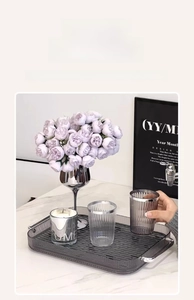 Modern grey translucent rectangular storage tray with elegant silver metal handles