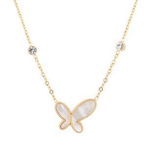 Elegant gold butterfly necklace with white mother-of-pearl and two sparkling diamonds