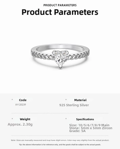 Detail view of S925 sterling silver heart ring specifications and 5mm 5A cubic zirconia