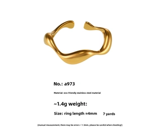 Detail view of gold wave ring specs with eco-friendly stainless steel and size 7 info